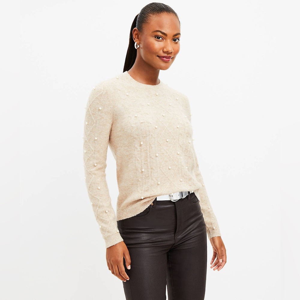 Ann Taylor LOFT Pearlized Embellished Soft Cable Knit Sweater